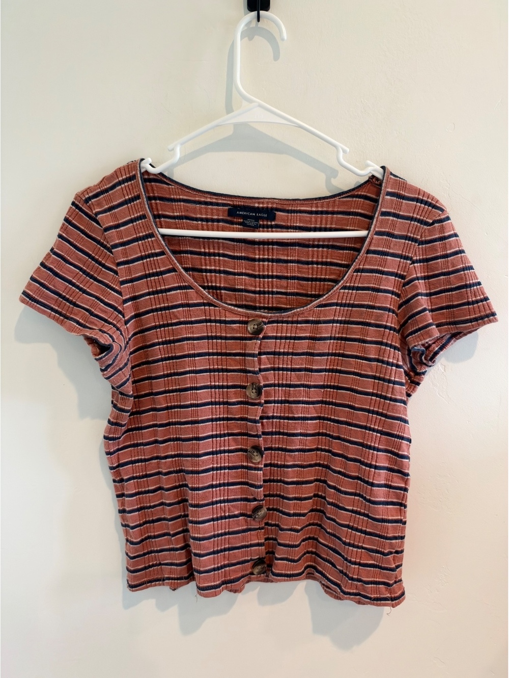 American Eagle Women’s Medium Striped Ribbed Button Front Crop Top